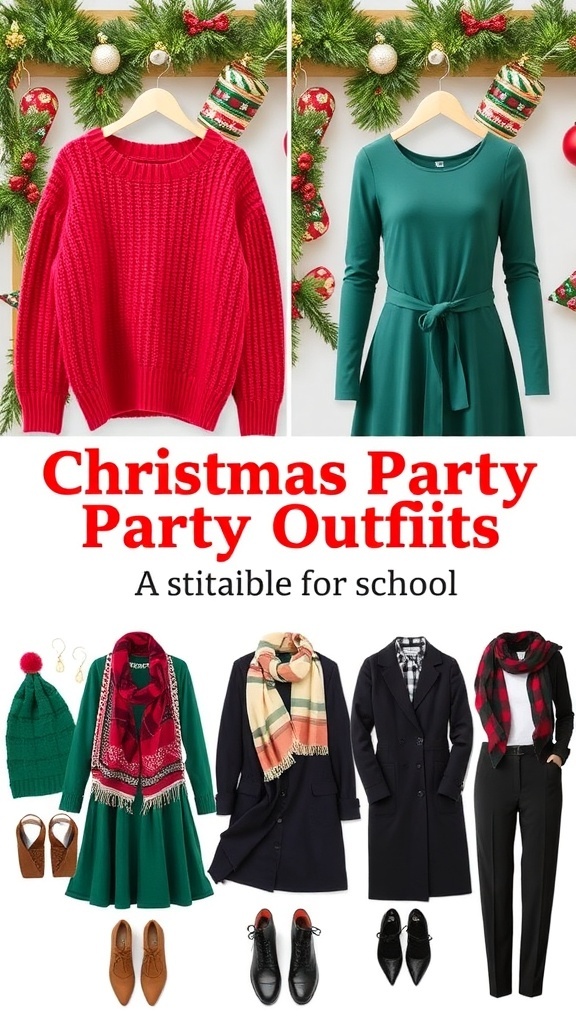 Festive Christmas Party Outfits for School A collection of Christmas party outfits for school including sweaters, dresses, and accessories.
